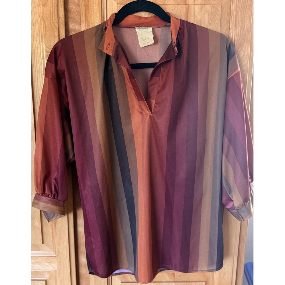 Vintage 70s Sears Blouse Small Top Balloon Sleeve Mandarin Collar Disco Striped - Picture 12 of 16